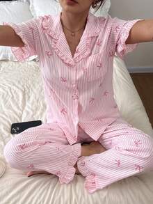 Dreamivo 情人节荷叶边条纹蝴蝶结睡衣套装，短袖上衣和长裤，轻薄睡衣 - 粉色 - 查看 6