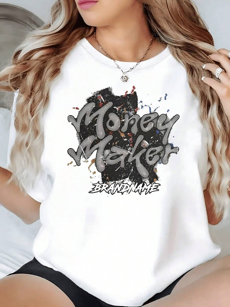 Motivo que celebra la fuerza femenina y la libertad creativa con letras metálicas y toques de color que irradian confianza poder e independencia camiseta de mujer casual moderna 220g - Blanco - Ver 1