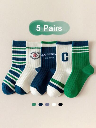 5 Pairs Green Striped Letter Print Breathable Mid-Calf Sports Socks, Comfortable For Daily, Home, Outdoor & Exercise Wear, Spring/Summer