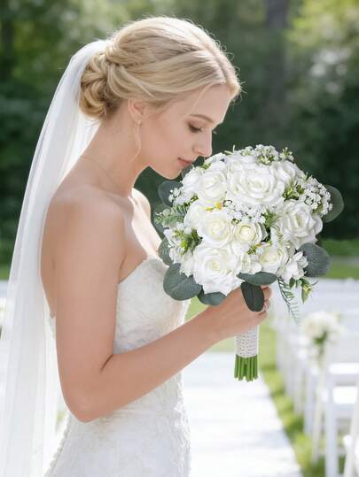 Bó hoa giả 4/12/18 cành, cao 14,9 inch, kết hợp hoa hồng trắng và hoa baby's breath, thích hợp làm bó hoa cưới, tiệc cô dâu, trang trí đám cưới, trang trí tiệc, cắm hoa trong bình, trang trí nhà cửa.