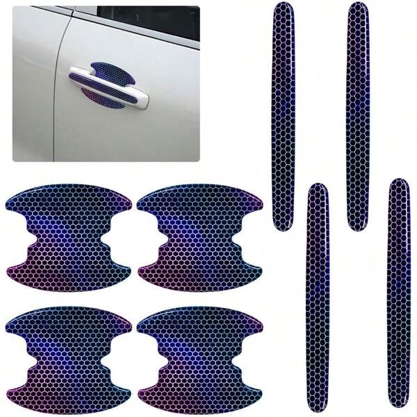 8PCS Laser Car Door Handle Protector, Anti-Scratch Bumping Auto Door Bowl Protector With Reflective Design, Universal Self-Adhesive Vehicle Exterior Decoration Accessories(No Mark)