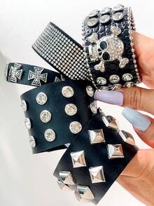 1 pieza Brazalete de estilo punk gótico mixto con diseño de broche abierto y detalle de cruz con strass - Multicolor - Ver 3