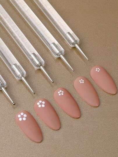 5pcs Flower Nail Art Dotting Pen Set, Nail Art Decoration Pens, Nail Painting Sculpture Rhinestone DIY Manicure Salon Supplies