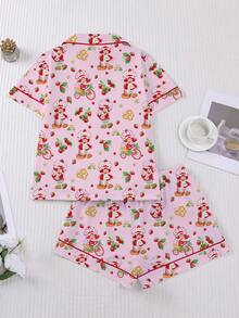 Women's Sleepwear And Home Wear, Soft Sleep Tops And Casual Shorts With Pockets, Patterned Printed Lapel Short Sleeved Shorts, All Season Use - 粉色 - 查看 3