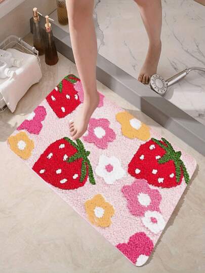 Thảm lót sàn phòng tắm họa tiết dâu tây hoạt hình, chống trượt, thấm hút tốt, mềm mại và thoải mái, thích hợp cho phòng ngủ, phòng khách, nhà bếp, lối vào.