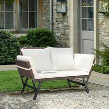 Outdoor Sofa Woven Rattan Patio Furniture Convertible Daybed Or Double Chair With Adjustable Armrests Cushions And Pillows For Yard Porch Pool Brown Lounger And Beige Pillowcase - 棕色躺椅和米色枕頭套 - 查看 5