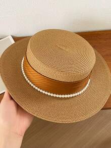 1pc Women's French Elegant Anti-UV Straw Hat With Pearl, Graceful Pearl Hat, Unisex Straw Hat, Suitable For Beach Vacation Bohemian - Pearl Multicolor - View 14