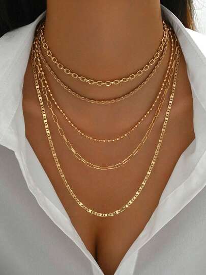 5pcs/Set Simple Braided Bead Chain Necklaces, Gold Tone, Layered Pendant Necklace Set For Women Daily And Party Wear
