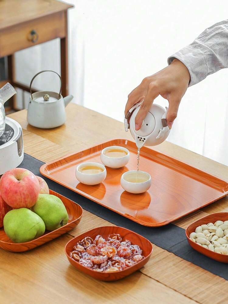 7 piezas de bandejas de plástico reutilizables con apariencia de madera, adecuadas para sushi, aperitivos, postres, frutas, aperitivos, lavables, excelentes para almacenamiento de cocina y decoración de mesa, "grano de madera falso" no de madera - Multicolor - Añade 4