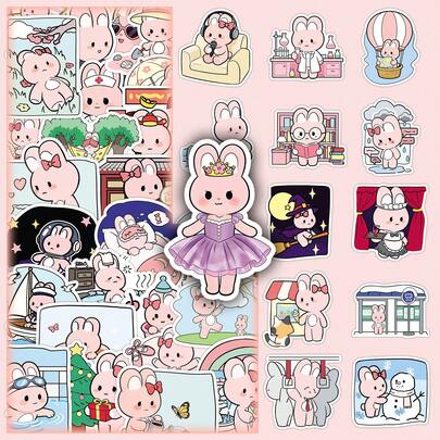 51张彩色手绘原创可爱粉色兔子卡通动物装饰贴纸，适用于手机壳、笔记本