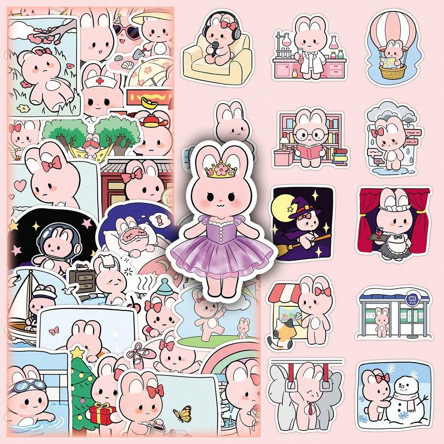 51pcs Colorful Painted Original Cute Pink Rabbit Cartoon Animal Decorative Stickers For Phone Case, Notebook Scrapbook Supplies Stationery Funny Stickers - 51 Original Photos Of a Pink Bunny's Daily Life. - View 1