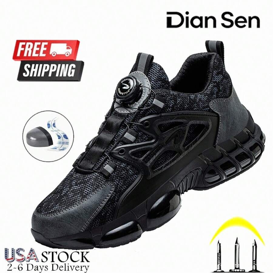 Mens Safety Trainers Safety Shoes Steel Toe Trainers Work Shoes Rotary Button US UK - Black - View 1