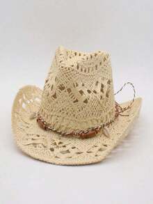 1pc Bohemian Solid Color Beaded Hollow Panama Straw Hat, Casual Protective Decorative Sun Hat, Fashion Versatile, Suitable For Outdoor Activities, All Seasons, Holiday Gift, Mother's Day Gift For Mom, Valentine's Day, Suitable For Vacation, Photography, Women's Gift - MZ3056+ML56 - 查看 5