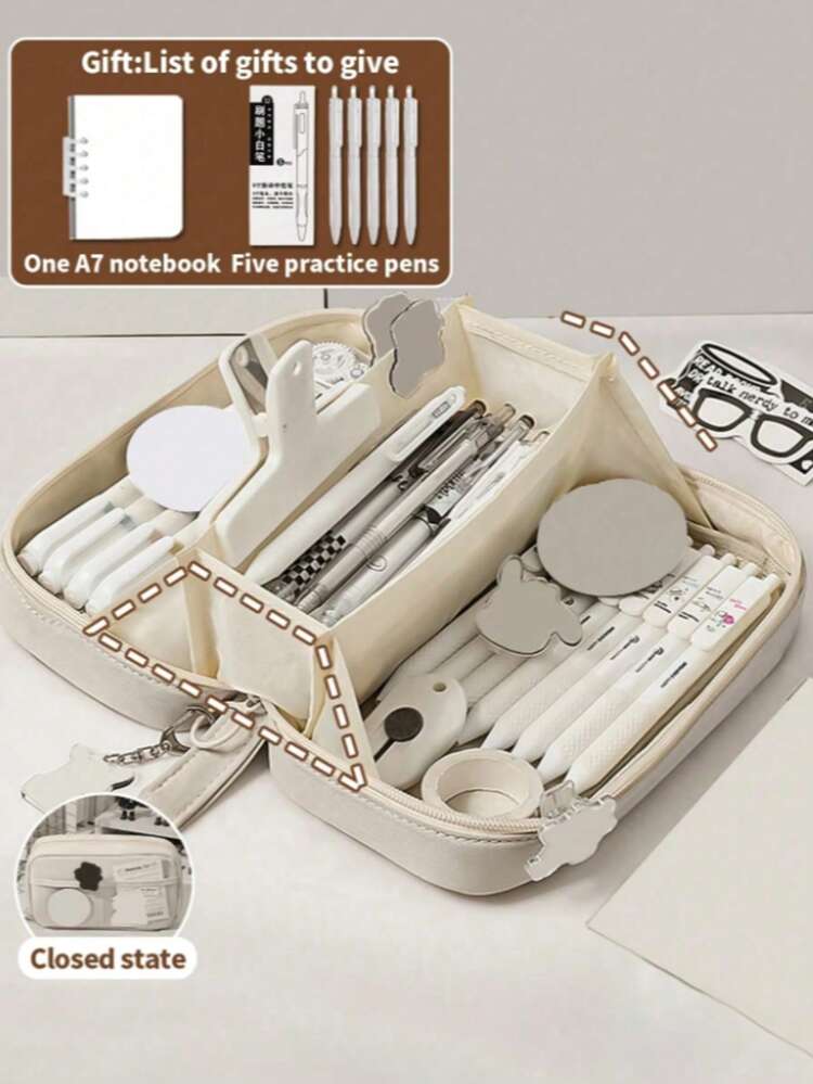 1pc Minimalist Volcano Design 180° Flat Large Capacity Transparent Zipper Multi-Layer Stationery Bag, Freestanding Desktop Organizer Pouch For Pencils, Erasers, Rulers, Tapes, Etc. Comes With A7 Notebook And 5 Pens, Suitable For Students And Office Use, Ideal For School Supplies And Back-To-School Gifts - Multicolor - View 9