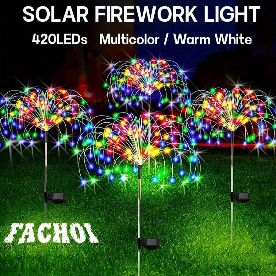 Solar LED Garden Lights, IP65 Waterproof, 8 Lighting Modes, Solar Powered Decorative Stake Lights, Built-In Rechargeable Battery, Non-Detachable Photovoltaic Module, Suitable For Christmas, Yard, Path And Villa Decor, Outdoor Garden Lighting, Applicable For Pathway, Yard And Patio - Fireworks - View 1