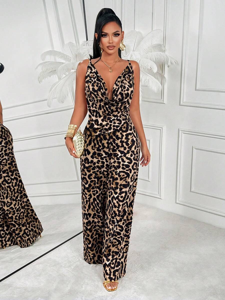 AIJ Bộ jumpsuit dáng chữ H họa tiết da báo của Amarilo dành cho nữ - Thiết kế dây mảnh hở lưng, eo ôm sát, trang phục thường ngày cho kỳ nghỉ, mùa xuân/hè. - màu nâu - Xem 1