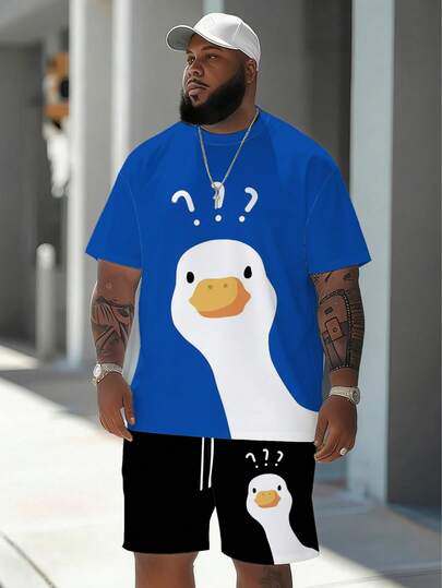 男士休闲街头卡通系列“趣味古怪卡通问号鸭”图案设计运动套装 - 涤纶针织面料，圆领设计，抽绳短裤，口袋细节，常规版型，适合大码身材
