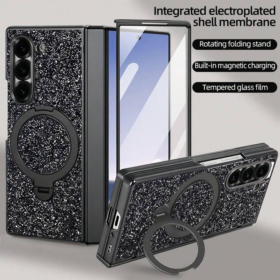 VIETAO 亮片、钻石时尚高品质闪亮电镀隐藏式圆形支架手机壳，兼容三星Galaxy Z Fold 7 6铰链全包保护手机壳，带钢化玻璃屏幕保护膜 - 黑色 - 查看 1