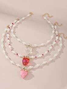 Collar con colgante de fresa de colores, diseño de cuentas de perlas y cristal, joyería exquisita para niñas, regalo de fiesta - Multicolor - Ver 2