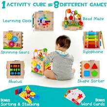 CdbdfsWooden Activity Cube 8-In-1 Montessori Baby Toys For 1+ Year Old Boys Girls Educational Learning Toys For Toddlers Age 1-2 1st Birthday Gift Bonus Sorting Stacking Boardfhrsdf - Blue - View 3