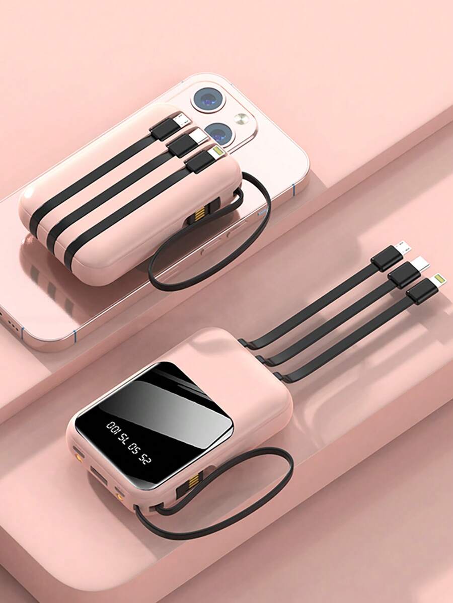 Mini Power Bank 20000mAh Built-In Fast Charging With Digital Display And 4 Cables Portable External Power Bank - 粉色 - 查看 1