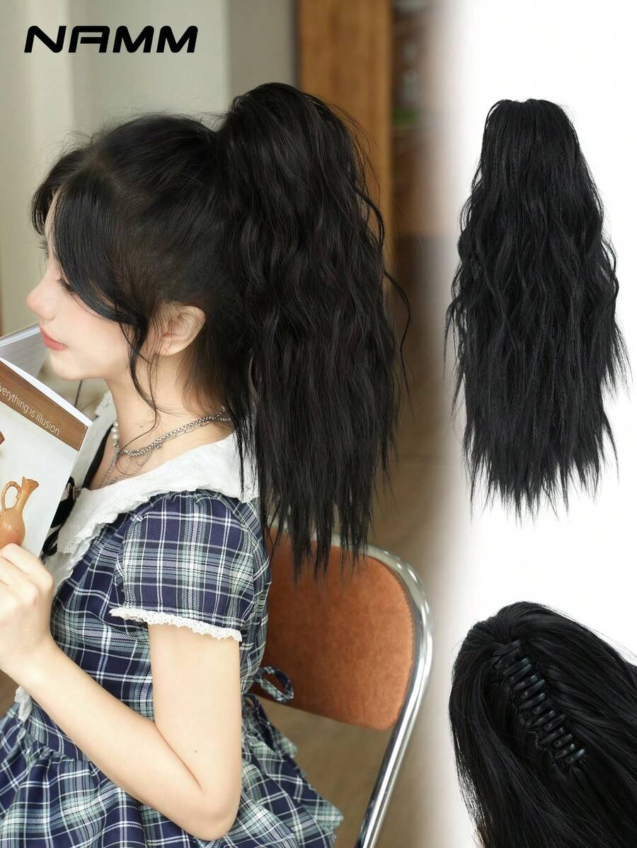 NAMM 黑色齐肩马尾假发，18英寸波浪形爪夹马尾假发，多层蓬松浓密波浪夹式假马尾，柔软合成假发 - 黑棕色 - 查看 1
