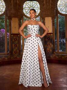 Faeriesty 优雅无肩带波点长裙，女士款——褶皱高腰设计，前高开衩，飘逸A字裙摆，适合婚礼宾客、花园派对、春季正式场合、复古活动及度假等场合，白色 - 白色 - 查看 8