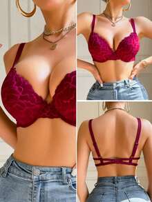Áo ngực nữ màu đỏ gợi cảm, kiểu dáng thường ngày, đa năng, quyến rũ, nội y co giãn, áo ngực hở lưng dây chéo gợi cảm giúp chống chảy xệ. - Đỏ - Xem 7