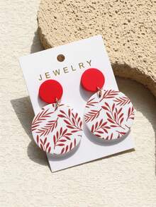 1 Pair Women's Leaf & Floral Print Red Ceramic Texture Elegant Round Acrylic Earrings - Multicolor - View 6