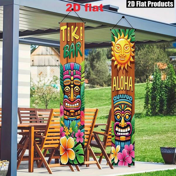 1 paire de bannières de fête de bar tiki style hawaïen pour porche d'été, avec des statues tiki et des motifs de soleil. Parfait pour les fêtes d'été, les décorations intérieures et extérieures, convient pour les porches, les patios, les garages, les célébrations familiales, les fêtes en plein air et les thèmes tropicaux.
