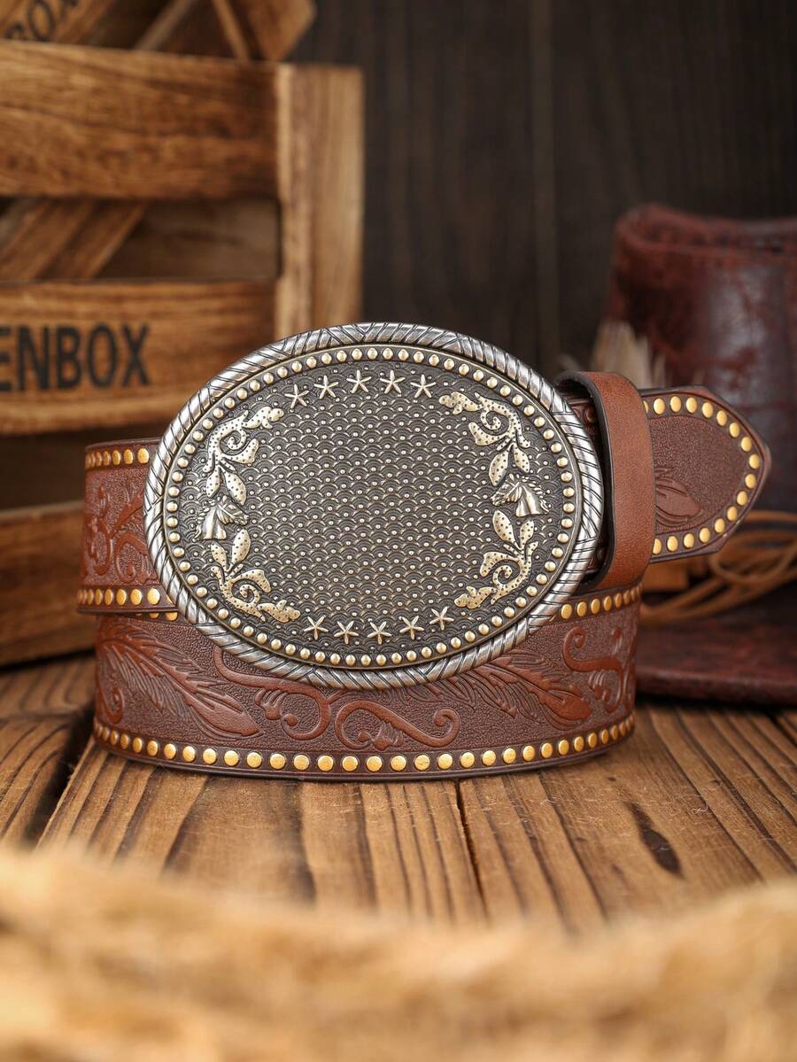 Nuevo cinturón de estilo occidental bohemio, hebilla de metal enchapado multicolor, cinturón de PU con relieve, adecuado para uso diario unisex - BH1021 - Ver 1