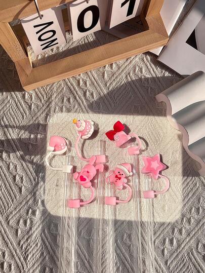 Compatible With Cup Accessories 6Pcs Pink Cue Straw Cover Cap For Cup 40 30oz Tumbler, 10mm Reusable Cute Drinking Straw Topper Accessories, Portable Protector Plugs Decorations Gifts For Party Cute Cartoon Flower Straw Dust Cover,