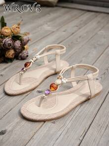 WRCVS 米色女士凉鞋，夏季平底凉鞋，复古鞋，手工串珠凉鞋，编织带平底鞋，轻便，适合沙滩，随机花卉图案户外凉鞋 - 米色 - 查看 6