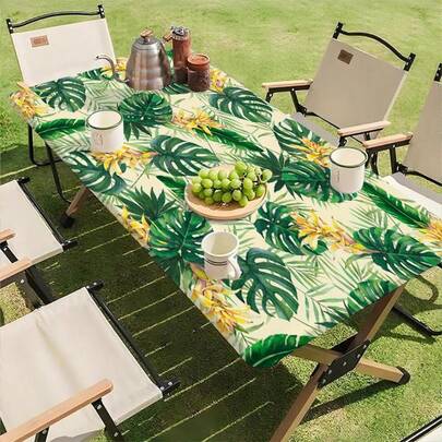 1pc Tropical Palm Tree Print Stretch Polyester Tablecloth - Elastic Edge Rectangular Table Cover, Machine Washable Durable, Suitable For Dining Room, Party, Wedding, Outdoor Camping And Holiday Decoration, Tropical Style Tablecloth, Wedding Decor, Stretchy Fabric