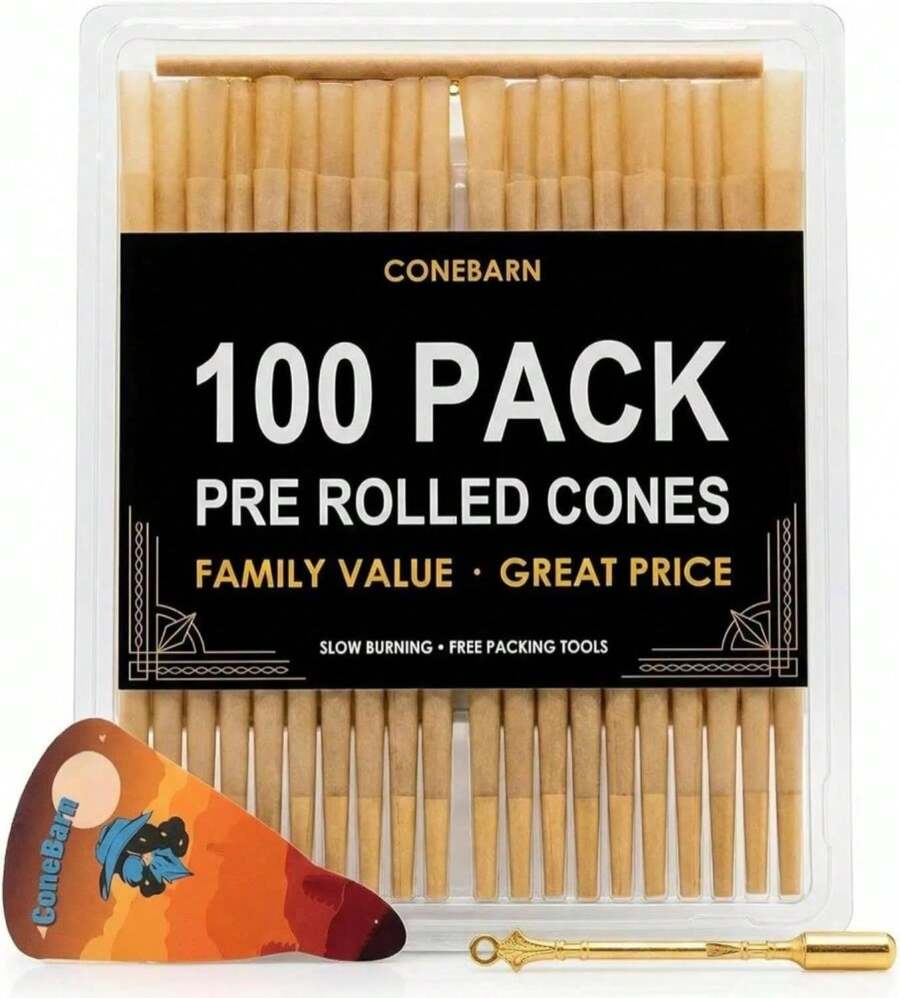 100 Paquete | Papel de fumar en conos | Conos de papel de fumar enrollados previamente en tamaño king con boquillas de filtro, palillo de empacar y cucharilla - Blanco - Ver 1