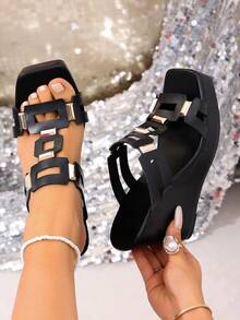 Korean Fashion Thick Platform Wedge Sandals, Super High Heel Open Toe Slip-On Style With Metal Decor, Versatile Women Shoes - Black - View 5