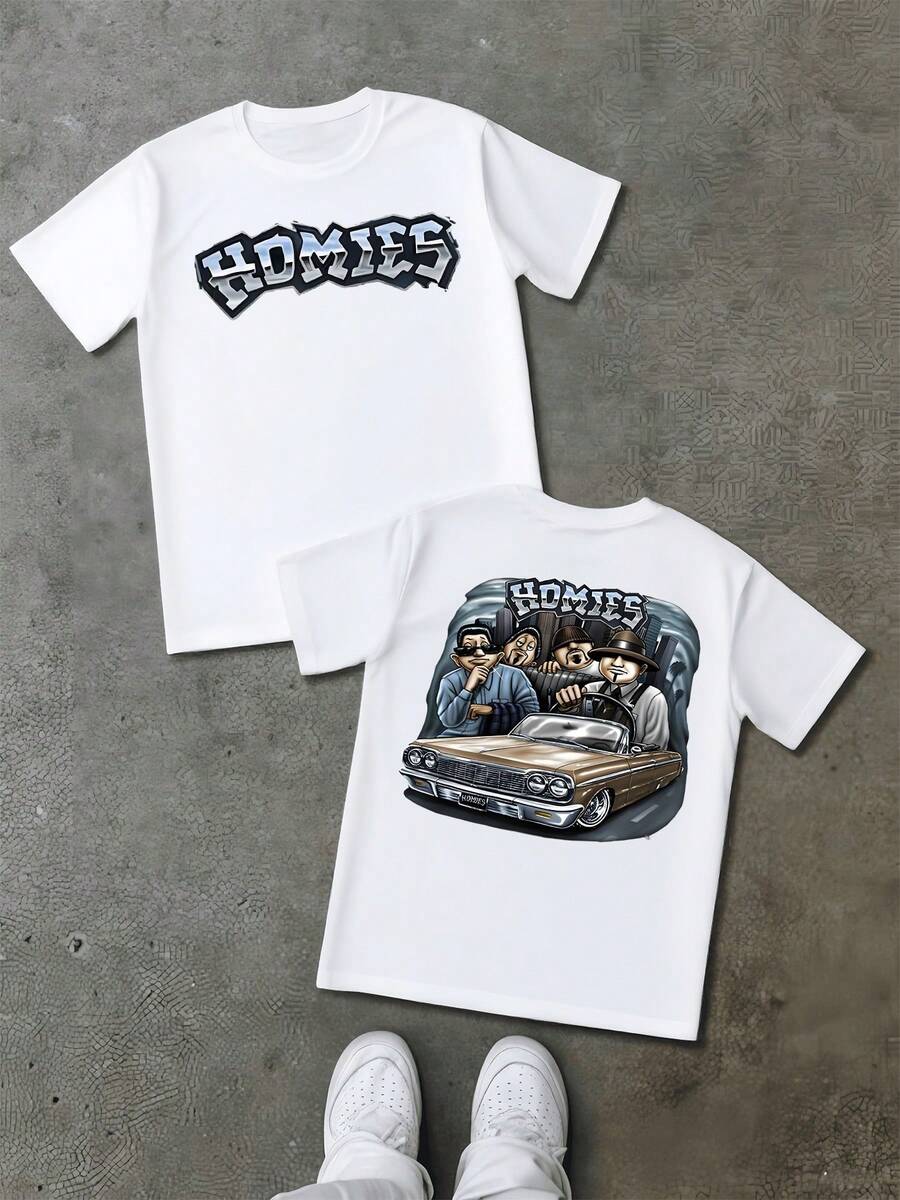 Homies Car Men's Vintage 220g Double Sided T Shirt 1pcs  Graphic Men Clothes Streetwear Digital Printed T Shirt 100% Cotton Y2K Tee Gifts For Boyfriends Car Enthusiast Tees - White - View 1