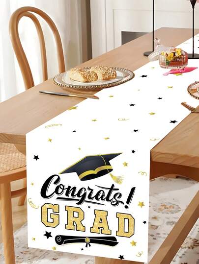 1pc Graduation Celebration Party Tablecloth, White & Gold "Congratulations Graduate" Black & Gold Cap Pattern Table Runner, 2026 Graduation Tablecloth Tabletop Decor, Graduation Party 2026 Restaurant Table Decor, Home Decor, Graduation Party Supplies, Graduation Theme Table Runner, Party Favors, Photography Props