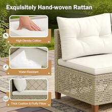 Devoko Patio Furniture Set 3 Piece Outdoor Sectional Sofa Hollow Rattan Patio Seating Sofa With Coffee Table And Ottoman For Deck Porch Poolside - 淺褐色的 - 查看 4