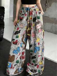 女士卡通印花阔腿裤，宽松休闲裤，春季款 - 灰色 - 查看 6