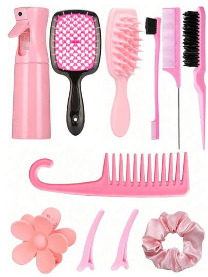 11 piezas/1 pieza Juego de herramientas de peinado multifuncional, peine de masaje de costillas para relajación del cuero cabelludo para reducir la caída del cabello, botella de spray de alta presión de 200ml, peine rizado de dientes finos para desenredar el cabello enmarañado, scrunchie para recoger el cabello, elegante juego de peinado adecuado para todo tipo de cabello y todas las mujeres, se puede regalar a novias y familiares