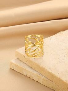 Edelstahl Vintage Textur Cut Out Blatt Ringe für Frauen, goldplattierter breiter offener Ring im europäischen und amerikanischen Stil, Schmuck für den täglichen Urlaub, Accessoires, Geschenk - 1 - Übersicht 3