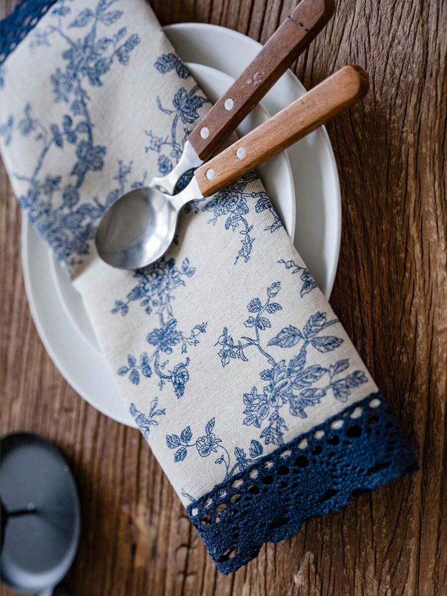 1pc/4pcs/6pcs Blue Floral Print Lace Edged Placemats, French Romantic Minimalist Style Kitchen Decor, Dining Table Mats, Cup Coasters, Vase Mats, Holiday Party Birthday Tabletop Decor, Photography Backdrop, All Season - Multicolor - View 1