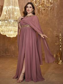 SUPGIR Crew Neck Shawl Flare Sleeve Luxury Beaded Embroidered Cinched Waist Maxi Formal Evening Gown - Dusty Pink - View 1