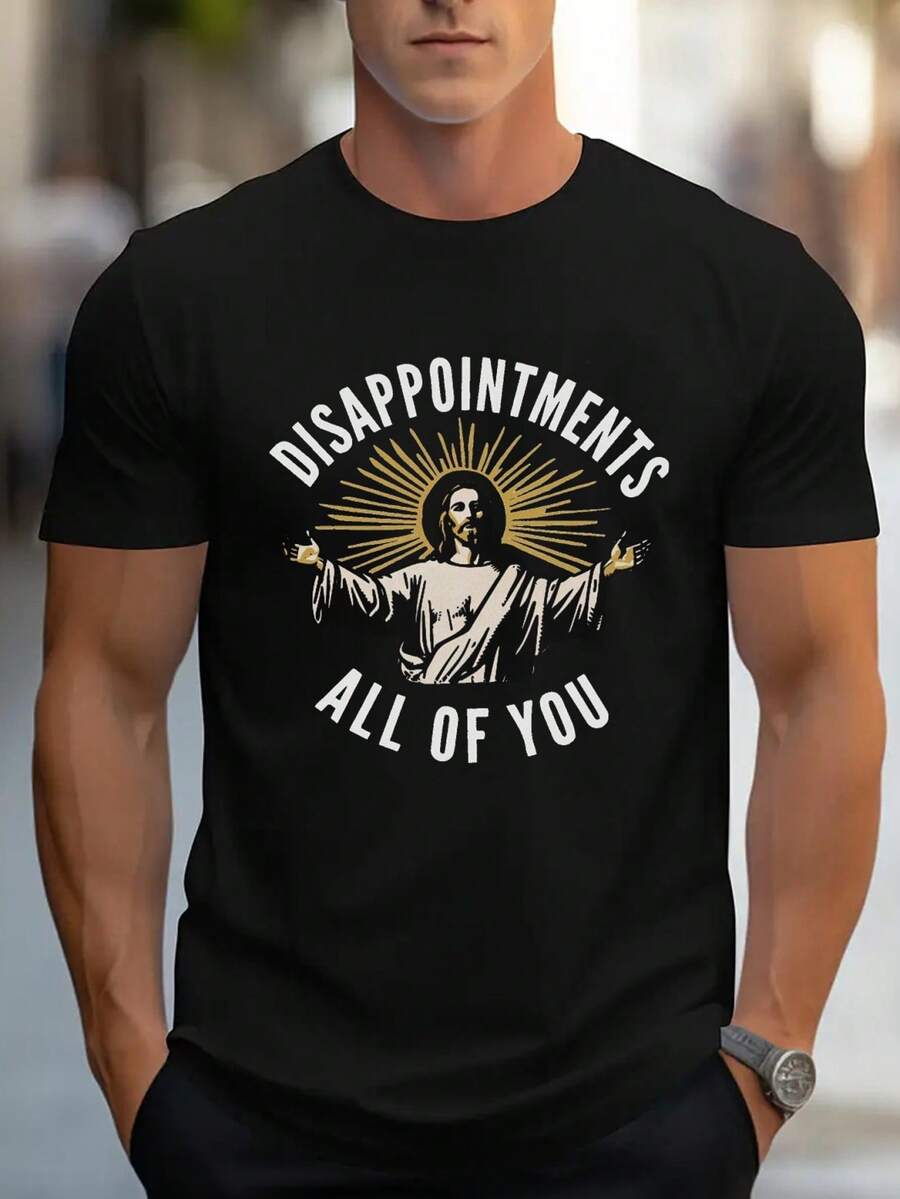 [Vintage Jesus Print Tee] Soft 100% Cotton "Disappointments All Of You" Graphic Men's T-Shirt - Casual Round Neck, Short Sleeve With Jesus Print - Vintage Style For Daily Wear - Black - View 1