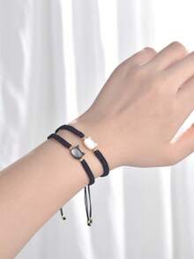 天然月光石黑曜石手链套装 2 件套 简约手工黑白猫咪饰品 派对礼物 - 黑與白 - 查看 2