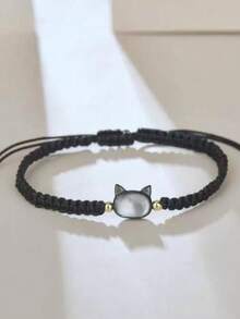天然月光石黑曜石手链套装 2 件套 简约手工黑白猫咪饰品 派对礼物 - 黑與白 - 查看 4