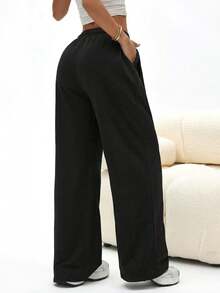 Women's Loose Pleated Solid Color Casual Sweatpants, Spring/Autumn Sports - Black - View 2