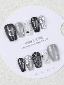 10片手工制作的黑银星月哥特风3D水波纹珍珠可重复使用假指甲，适合派对和日常佩戴 - 藏蓝色 - 查看 6