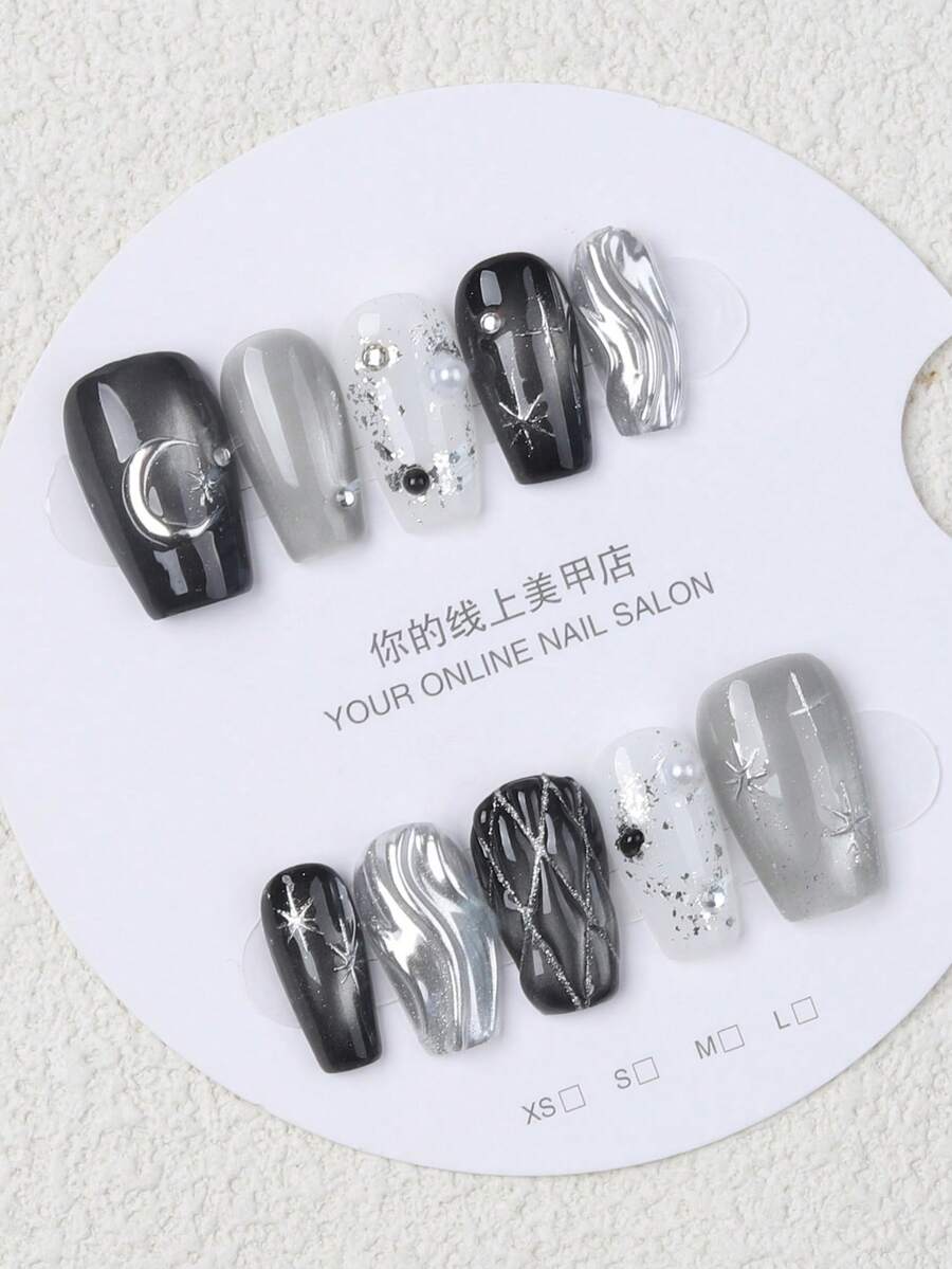 10片手工制作的黑银星月哥特风3D水波纹珍珠可重复使用假指甲，适合派对和日常佩戴